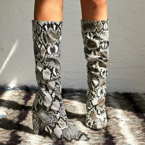2021 Women Colorful Snake grain Boots Female High Heel Knee High Pointed Toe Zipper Shoes Slouch Pleated Winter Ladies Boots