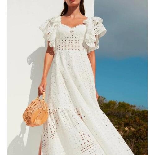 2021 summer new dress solid color hollow square neck butterfly sleeve high waist thin short sleeve fresh and sweet long dress