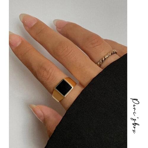 PerisBox Textured Circle Square Black Enamel Rings Yin and Yang Geometric Rings for Women Vintage Stainless Steel Jewelry 2020