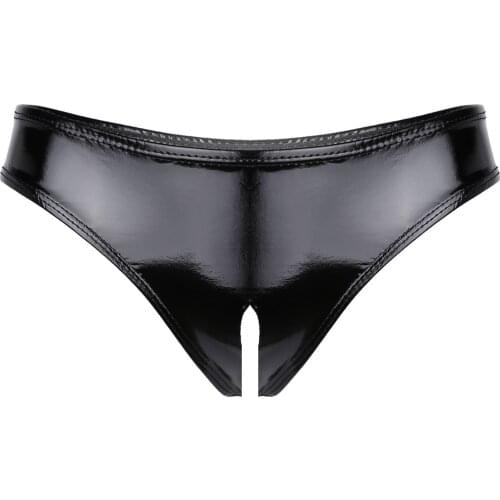 Womens Crotchless Underwear Female Lingerie Wet Look Patent Leather Open Crotch High Cut Mini Briefs Underwear Culbwear Brief