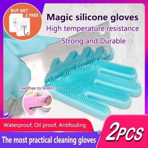 1 PairMagic Silicone Dishwashing Scrubber Dish Washing Sponge Rubber Scrub Gloves Kitchen Cleaning Household Dishwashing Gloves