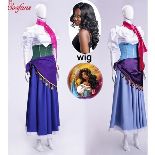 5PCS The Hunchback of Notre Dame Esmeralda Cosplay Costume Purple Blue Partywomen girl Dress Halloween Cosplay Costume and wig