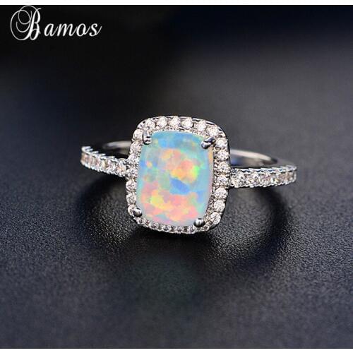Bamos Purple/White/Blue Fire Opal Square Promise Ring Fashion Big Wedding Rings For Women Luxury Birthstone Jewelry Accessories