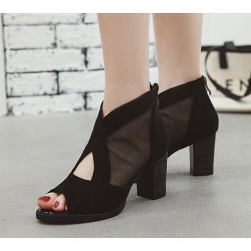 Big Size High heels sandals women shoes woman summer ladies Fish-mouth mesh boots with hollow thick heels