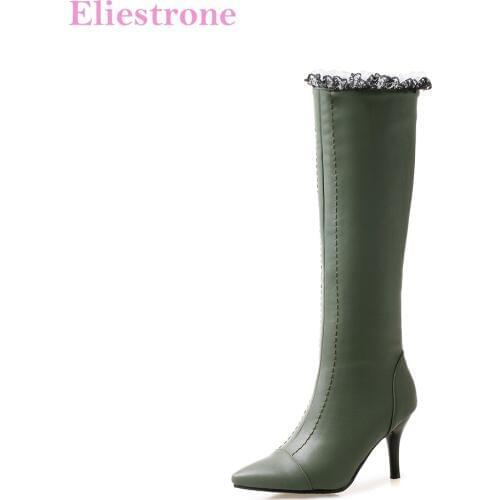 Brand New Hot Winter Sexy Black Green Women Knee High Motorcycle Boots Lady Shoes AC086 High Heel Plus Big Size 11 32 43 46