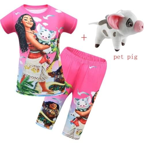 Kids Moana Pajamas for Girls Summer Short Sleeve Vaiana Costume Children Party Clothing with Pet Pig Casual Loose Clothes Sets