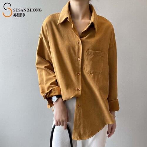 Women Shirts Female Blouse Ladies Top 2021 Spring New Elegant Office Loose Straight Turn-Down Collar Button Cuff Drop Shoulder