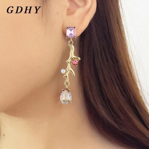 GDHY New Branch Olive Shape Flower Drop Earrings Long Transparent Pink zircon Rhine stone Crystal Earings For Women Party Boucle