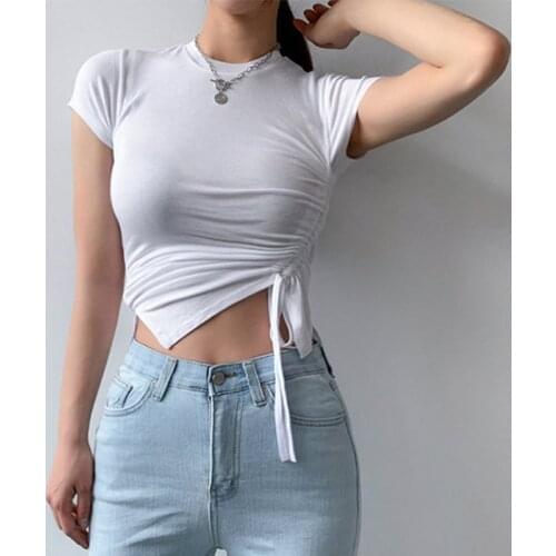 Ruched Side Drawstring Y2k Crop Tops For Girls Summer T-Shirt Womens Clothing 2021Casual Female O-Neck Short Sleeve Tee Shirt
