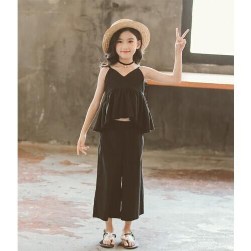 New 3-9 year old girl baby suit summer big children solid color two-piece suspenders + wide-leg pants children two-piece suit