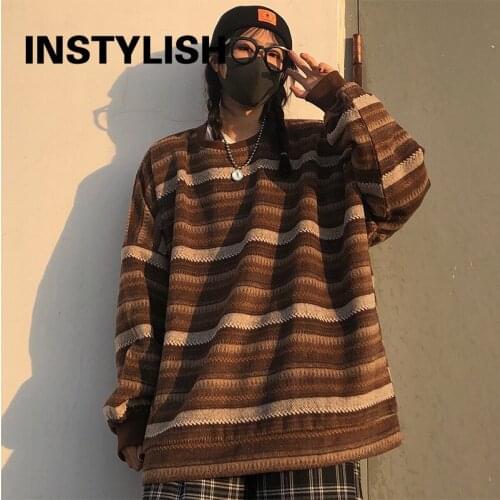 Instylish Y2K Harajuku Autumn Long Sleeve O Neck Loose Pullover Vintage Striped Oversized Sweater Knitting BF Style Jumper Top