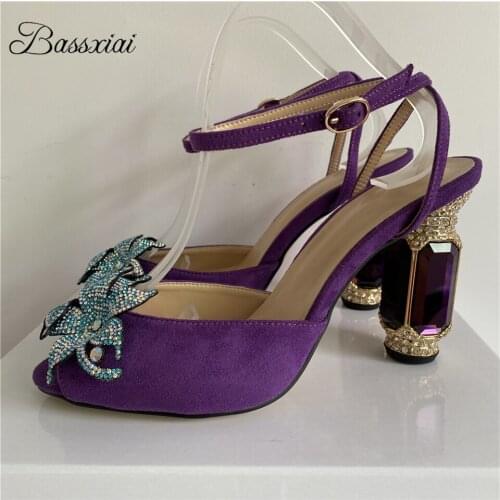 Luxury Suede Ankle Strap Party Sandals Women Diamond High Heels Crystal Rhinestone Flower Summer Sandalias Mujer