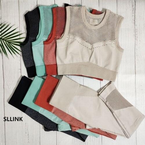 Sexy Seamless Yoga Outfits Sets Women Fitness Sports Suit Mesh Gym Workout Clothing Sportswear top and bottom Sports Set