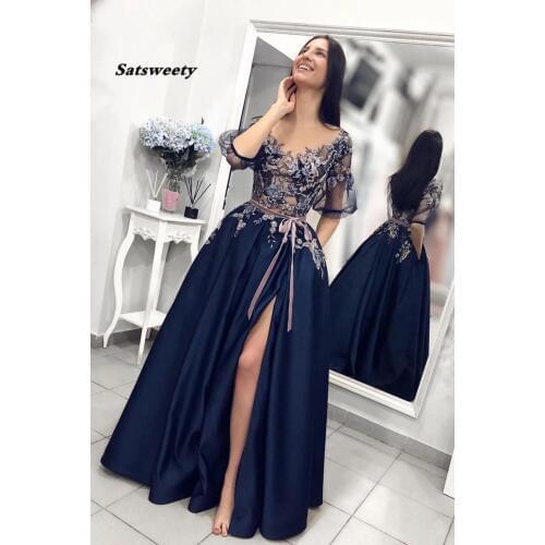 Navy Blue Embroidery Satin Evening Gown 2020 A-Line Sexy Split Lace Prom Dresses Long with Pockets Half Sleeves Evening Dress