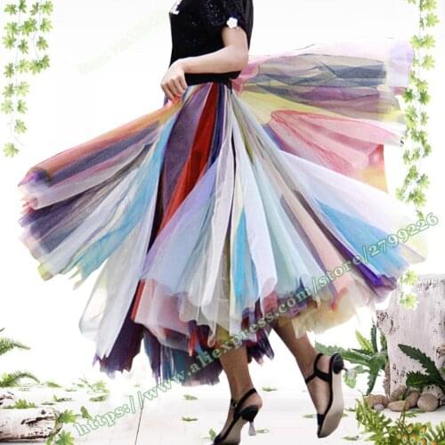 2021Fashion Kaleidoscope Rainbow Neon Stitching Trendy Mesh Big Hem Umbrella Holiday Midi Female Skirt Designs Women Skirts