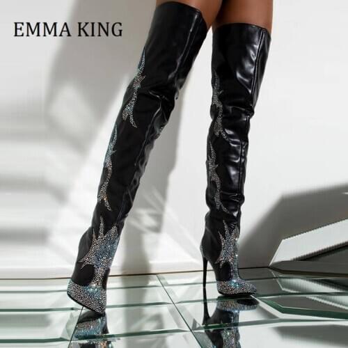 2021 Fall Winter Women Rhineston Long Boots Sexy Stiletto Heels Faux Leather Thigh High Boots Night Club Shiny Botas De Mujer