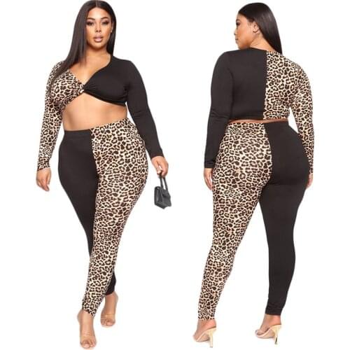 2 Piece Sets Womens Outfits Sexy V Neck Long Sleeve Crop Top Straight Leg Pants Leopard Plus Size Clothes Wholesale Dropshipping