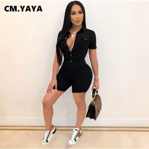 CM.YAYA Women Playsuit Solid Short Sleeve Turn-down Collar Single Breasted Stretchy Bodycon Playsuits Casual Romper Summer 2021