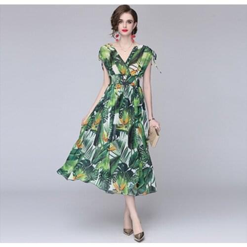 2021 Summer Runway Chiffon Long Dress Womens V-Neck Sleeveless Elastic Green Flowers Print Fold Holiday Boho Midi Dress