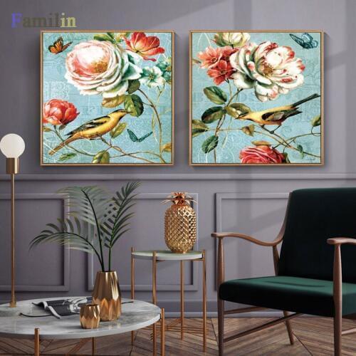 2pcs/set White flowers Modern decoration blue animal birds wall art pictures Canvas Painting for living room home decor unframed