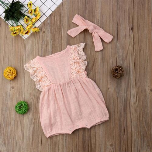 Newborn Baby Girls free shipping clothes bow soild Headband round neck lace Ruffle sleeveless Bodysuit 2pc Toddler kids Outfits