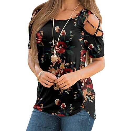40# Vintage Women T-shirts Plus Size Summer Flora Printed Tee Tops Short Sleeve Strappy Cold Shoulder T-shirt Футболки Оверсайс