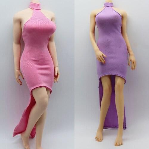 1/ 6 Scale Feamle White Tight Stretch Halter Dress High Slit Skirt For 12" TBLeague Seamless Large Breast Body