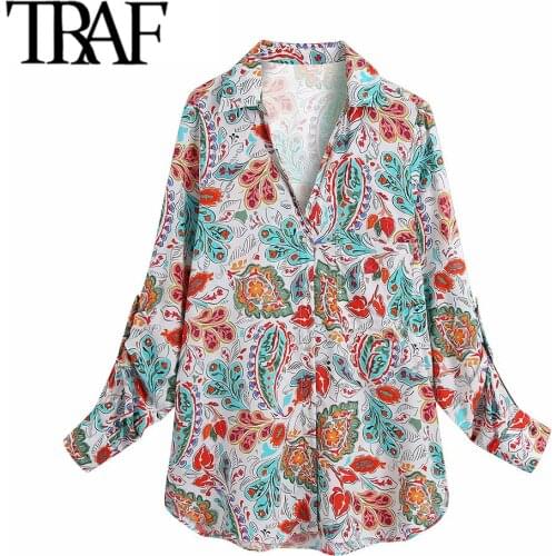 TRAF Women Fashion With Pocket Floral Print Blouses Vintage Long Sleeve Button-up Female Shirts Blusas Chic Tops