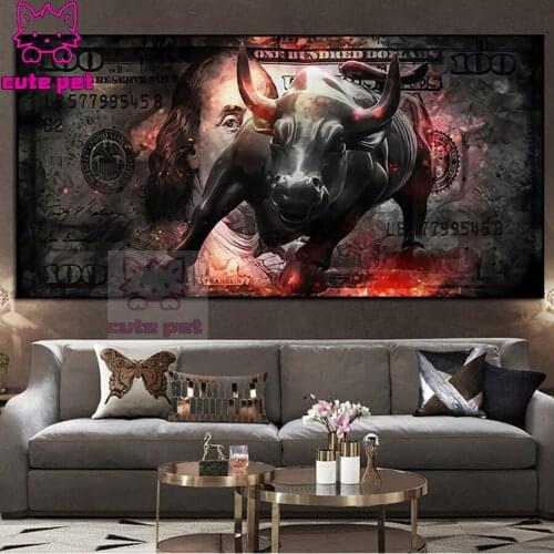 Large Charging Bull Needlework 5d Diy Diamond Painting Cross Stitch Dollars Bull Statue Pop Art Diamond Embroidery Mosaic decor