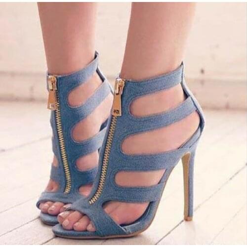 Ankle Booties Heels Stiletto Cut Out Zipper Fore Open Toe Summer Short Booties High Vamp Women Denim Fashion Shoes Size 10