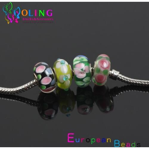 Lampwork beads 8PCS/LOT Dia 14MM Round 4 colors Flower shape glass bead fit European bead Bracelet & Necklaces PHS-003