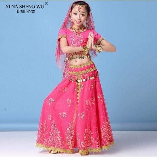 Kids Indian Belly Dance Clothing Children Bollywood Girls Dance Costumes Set (Headpieces Veil Top Belt Pants Earing Necklace)