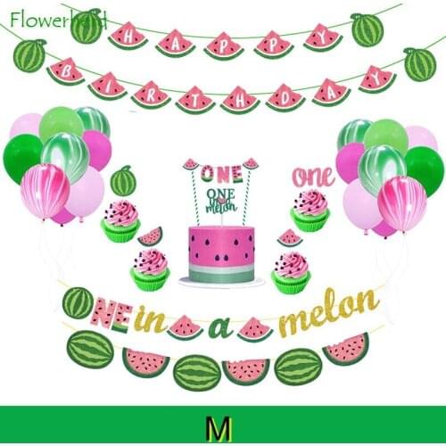 DIY Fruit Watermelon Happy Birthday Theme Party Decoration Banner Watermelon Cake Inserts Twelve-month Photo Clip Baby Shower