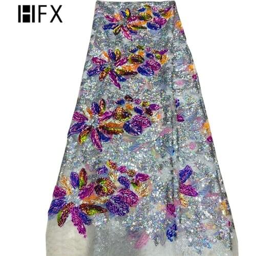 HFX Sequence Lace Fabric French Laces Fabrics High Quality Tulle French Nigerian Lace Applique Dress African Sequins 5yard H3175