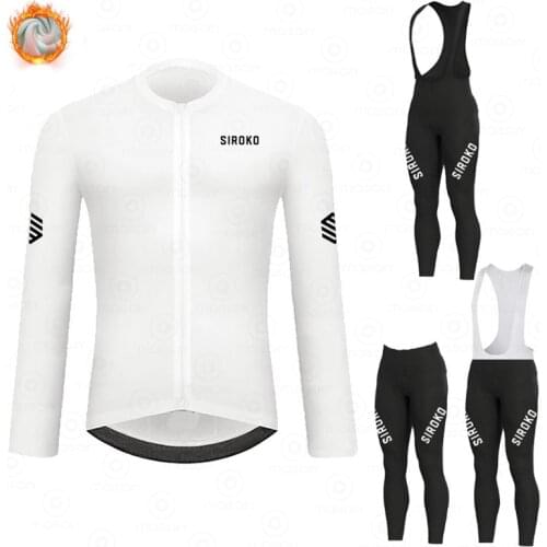 SIROKO Cycling Jerseys Set Thermal Fleece Long Sleeve Coat Jacket Cycling Clothing 19D Gel Padded Bib Pants Winter Cycling Suits
