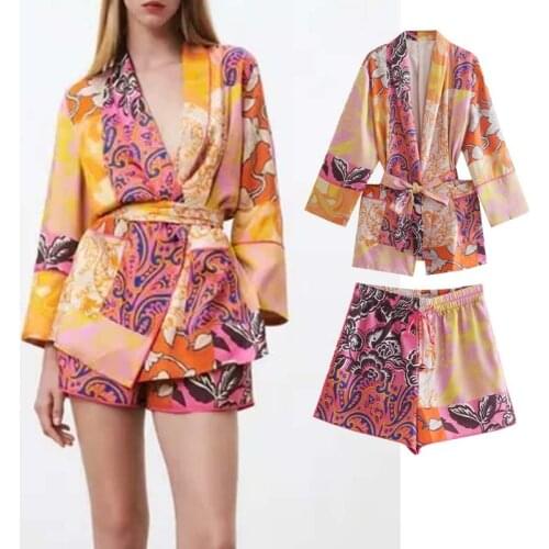 Za 2021 Women Shorts Suit Summer Fashion Pocket Print 2 Piece Sets Kimono Shirt Blouse+High Waist Casual Shorts Set Woman Suit