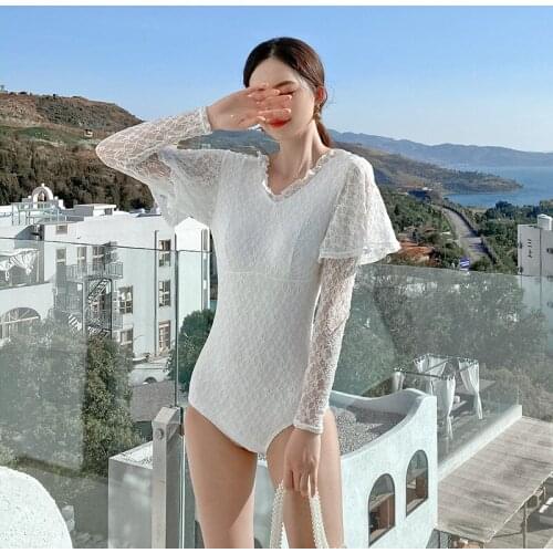 Swimsuit Women One Peice Bikini Piece Bathing Suit Long Sleeve Lace Her Korean Print Polyester Sierra Surfer Sports Sportwear