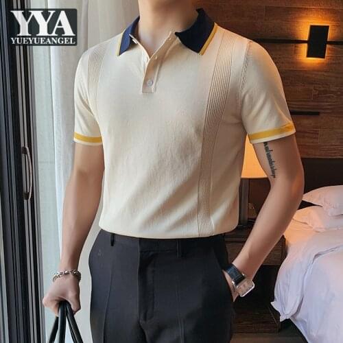 Summer Turn-Down Collar Pullovers Business Casual Office Men Short Sleeve T Shirt Thin Section Ice Silk Knitting Tees Tops Male