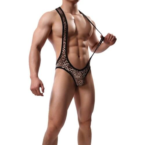 Men Leopard Printed One Piece Singlet Sexy Bodysuit Jockstrap Soft Underwear Wrestling Jumpsuit Lingerie Erotic Strap Costume