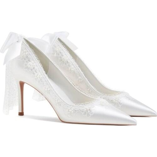 2021 spring new white satin stiletto high heel bridal wedding single shoes pointed toe banquet ribbon dress womens shoes