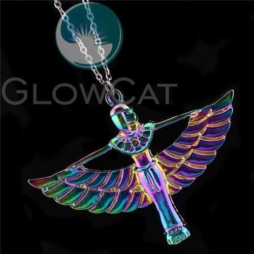 Womens Rainbow Colors Ancient Egyptian Winged Goddess Isis Pendant 50cm Steel Chains Necklace
