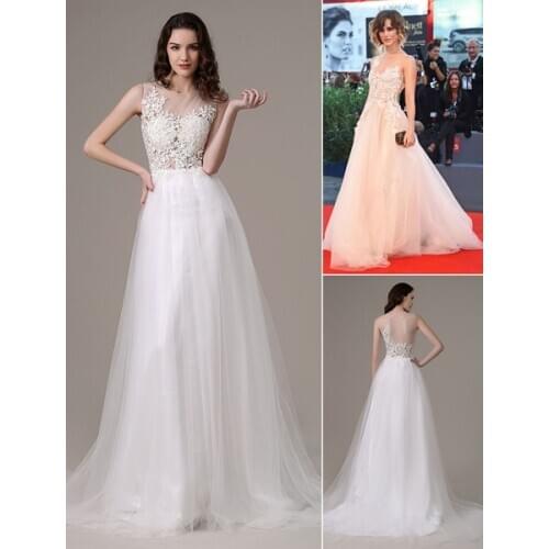 Celebrity Dresses White Prom Dresses 2020 Long Ivory Princess Evening Dress Lace Applique Tulle Illusion Red Carpet Dress