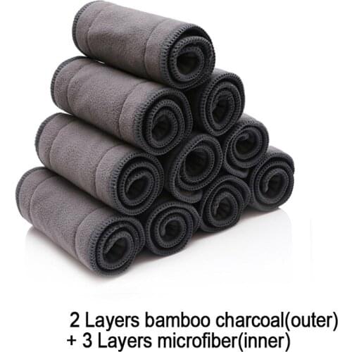 Free Shipping Charcoal Bamboo inserts with line 25pcs 5 Layers(3+2) with sewn Reusable Baby Cloth Diaper pads Nappy Insert