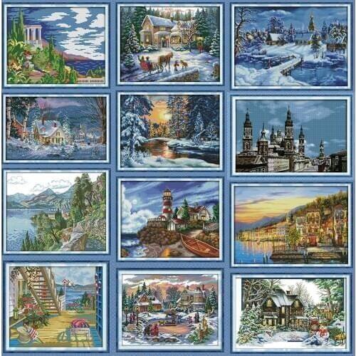 Christmas Cross Stitch Patterns Scenery Style DMC Cross Stitches Needlework Embroidery Kit 14CT 11CT Counted Print on Canvas DIY