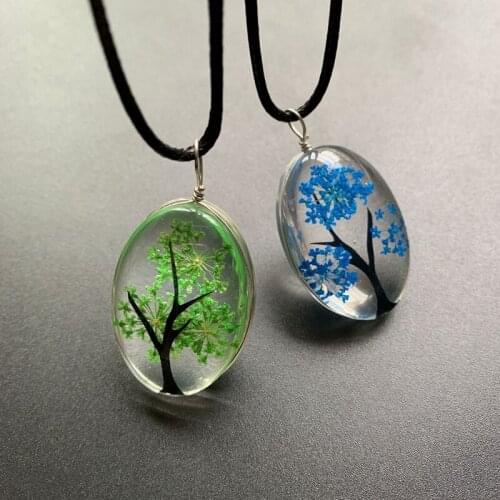 Dried Natural Fowers Resin Necklace Tree of Life Pendant Glass Oval Resin Yoga Necklace Orgonite Ornaments Jewelry 1pc