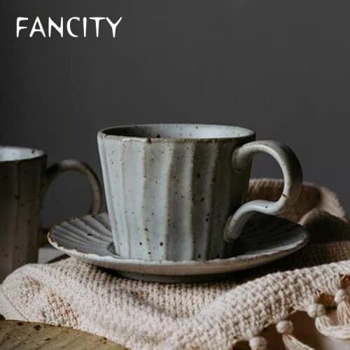 FANCITY Vintage Stoneware Mug Milk Cup Coffee Cup Saucer Set Couple Breakfast Cup 2 Colors