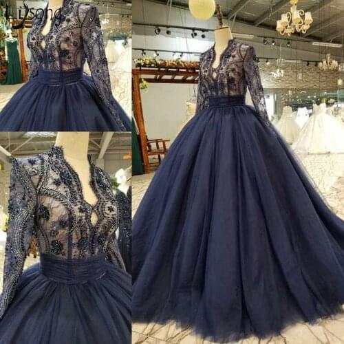 Vintage Royal Blue Lace Prom Dresses Sparkle Beaded Formal Party Dress With Full Sleeves Tulle Ball Gowns Long Prom Gowns