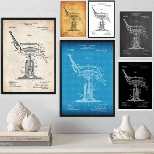 Barbers Chair 1910 Patent Barbershop Blueprint Vintage Poster Canvas Painting Print Wall Décor Living Home Art