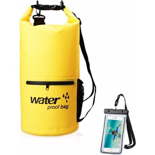 Waterproof Dry Bag with Exterior Zip Pocket Shoulder Strap 20L Yellow PVC Compression Sack Dry for Fishing with Waterproof Case