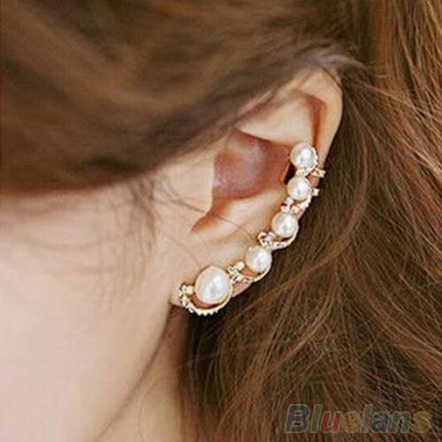 Womens Fashion Elegant Rhinestone Faux Pearl Ear Hook Ear Clip Cuff Earrings Stud Earrings For Women Brincos Jewelry